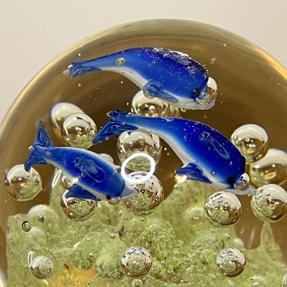 Art Glass Dolphin Paperweight Controlled Bubbles Blue Green 4.5" Murano Style - Picture 2 of 11